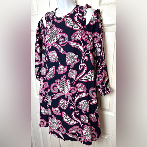CROWN & IVY Ruffle Neck Cold Shoulder Dress Navy Blue Pink White Floral Paisley - Picture 3 of 13